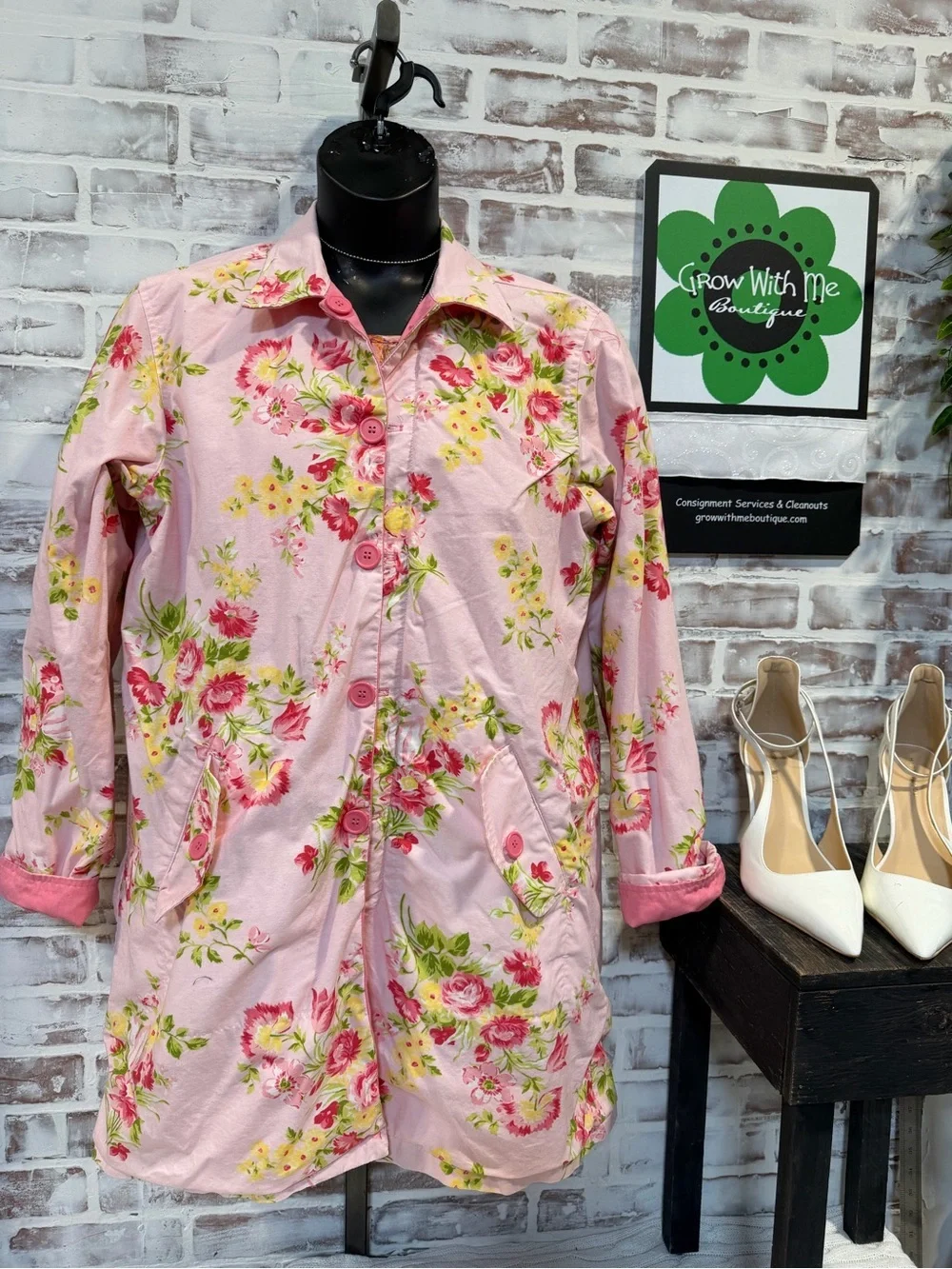 Pink Floral Button-Front reversible Garden Coat 2X